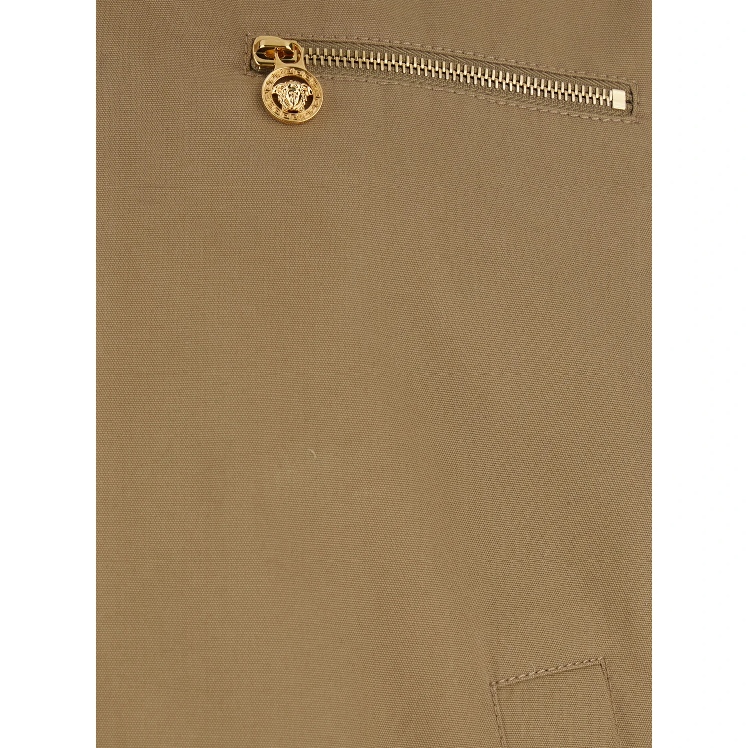Beige Jacket with Leather Collar and Metallic Medusa Head Detail in Cotton Canvas Man