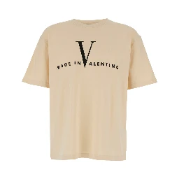 Beige Crew Neck T-Shirt with Logo Print on the Front and Dropped Shoulders in Cotton Man