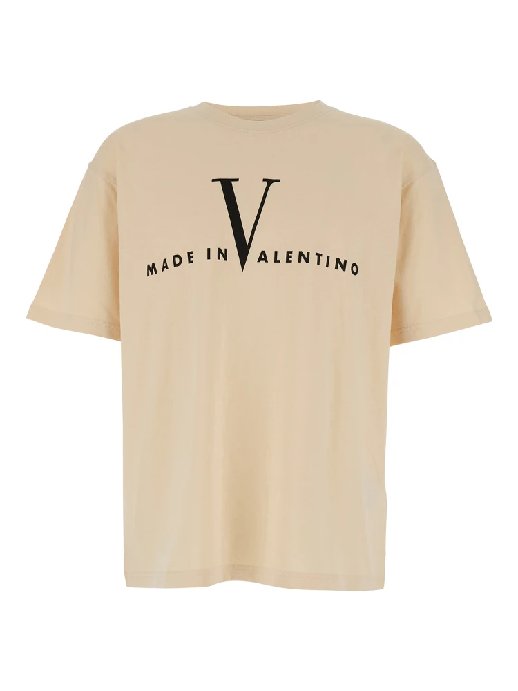 Beige Crew Neck T-Shirt with Logo Print on the Front and Dropped Shoulders in Cotton Man