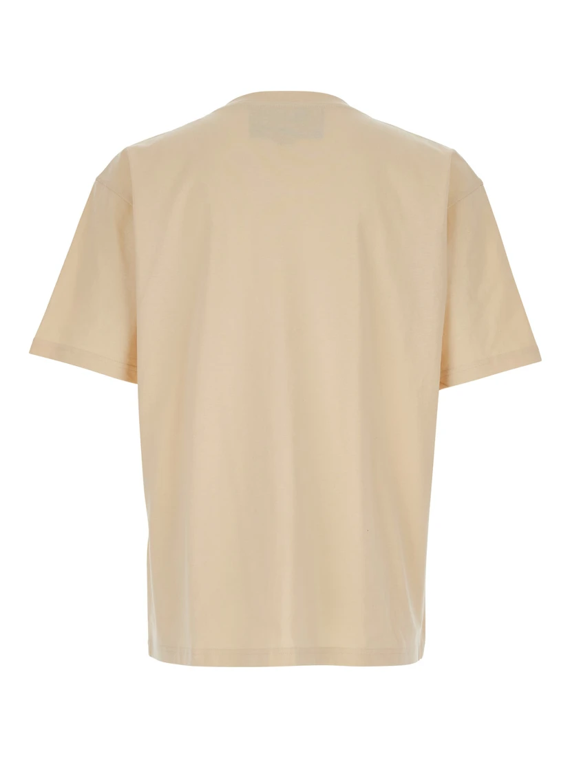 Beige Crew Neck T-Shirt with Logo Print on the Front and Dropped Shoulders in Cotton Man