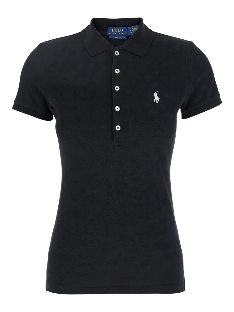 Julie Black Polo Shirt with Classic Collar and Pony Embroidery on the Front in Cotton Stretch Woman