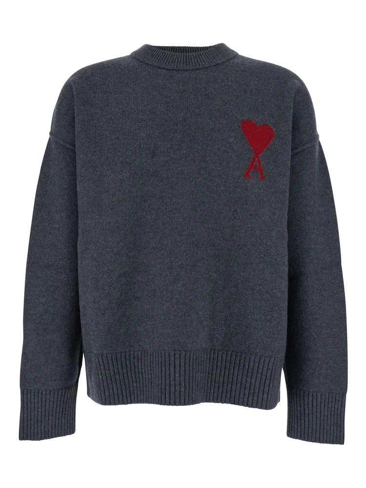 Grey Crewneck Sweater with ADC Embroidery on the Front in Wool Man