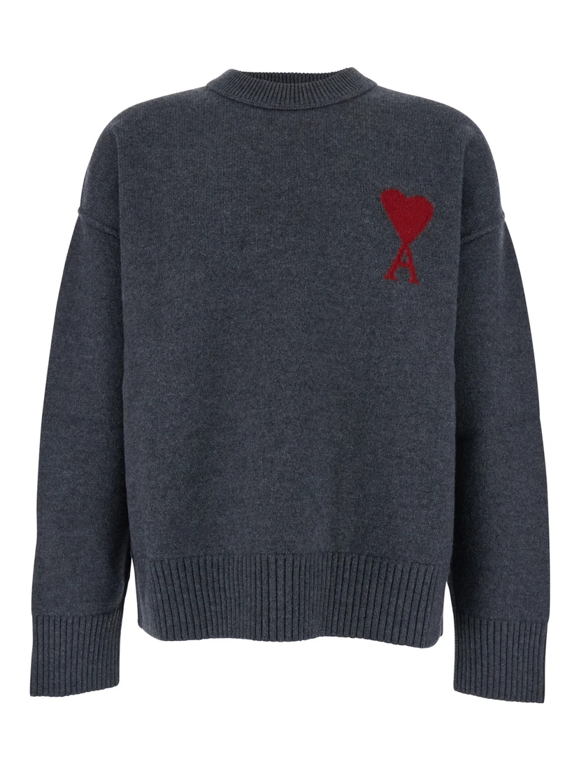 Grey Crewneck Sweater with ADC Embroidery on the Front in Wool Man