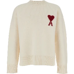 White Crewneck Sweater with ADC Embroidery on the Front in Wool Man
