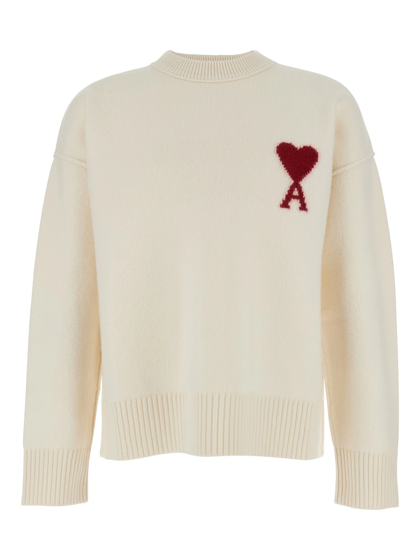 White Crewneck Sweater with ADC Embroidery on the Front in Wool Man