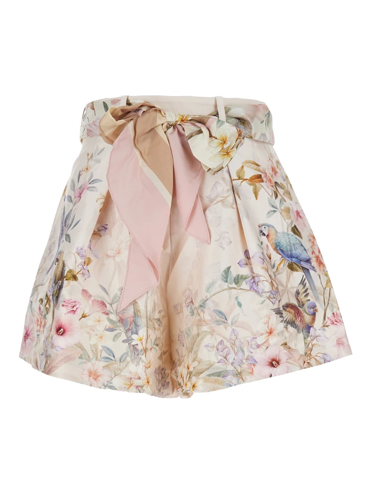 Rebellion Multicolor Shorts with Bow on the Front and All-Over Floral Motif in Cotton and Silk Woman