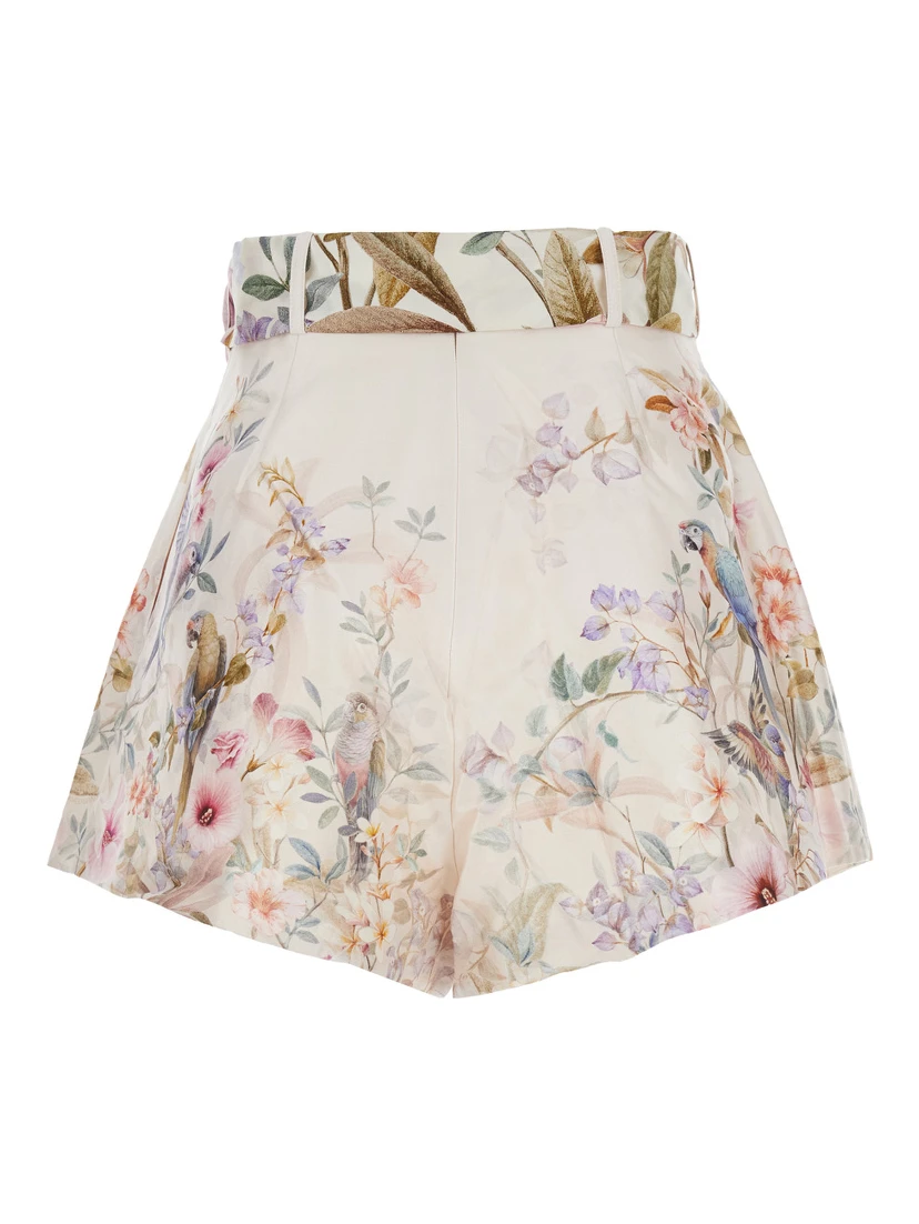 Rebellion Multicolor Shorts with Bow on the Front and All-Over Floral Motif in Cotton and Silk Woman
