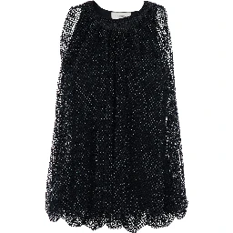 Black Top with Mesh Design and All-Over Rhinestone Application in Fabric Woman