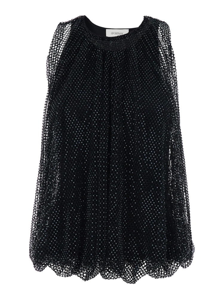 Black Top with Mesh Design and All-Over Rhinestone Application in Fabric Woman