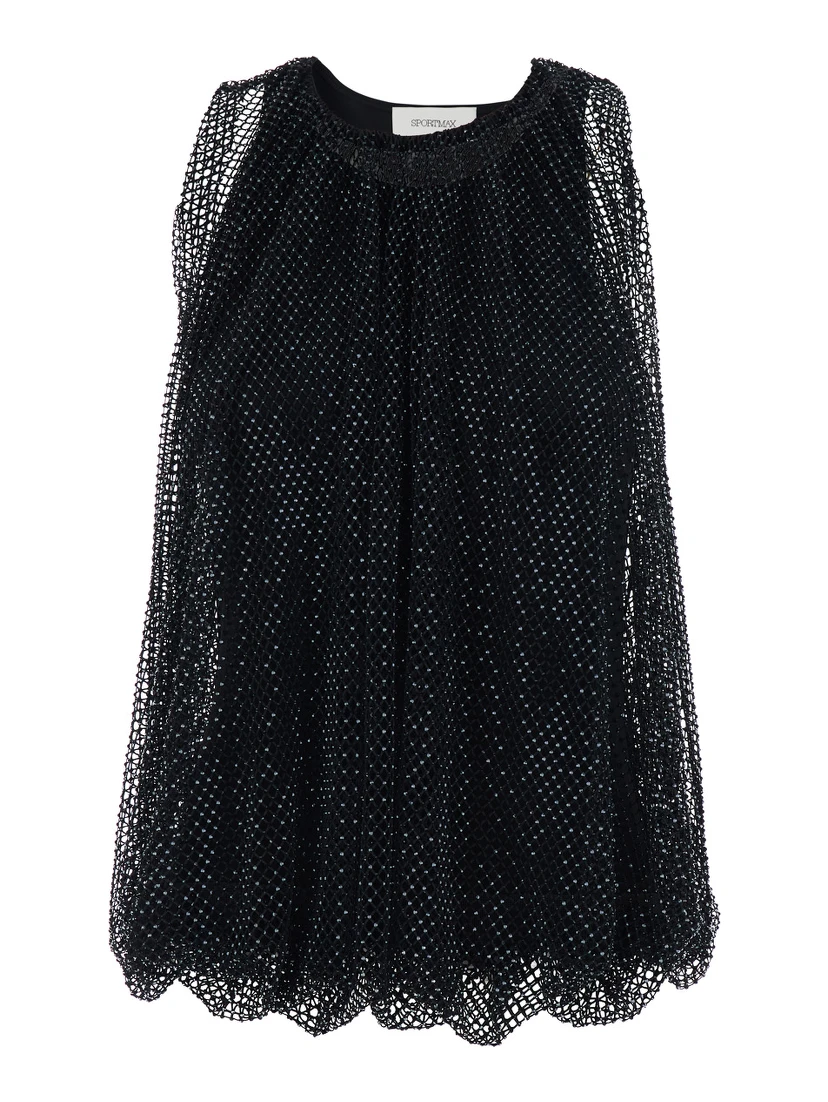 Black Top with Mesh Design and All-Over Rhinestone Application in Fabric Woman
