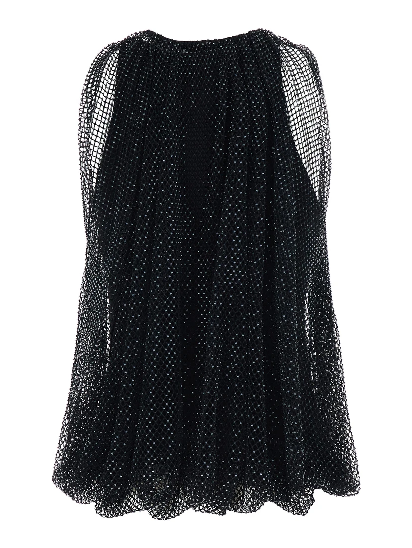 Black Top with Mesh Design and All-Over Rhinestone Application in Fabric Woman