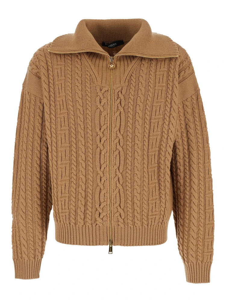 Beige Turtleneck Sweater with Zip Closure and Medusa Head Embroidered on the Back in Virgin Wool Man