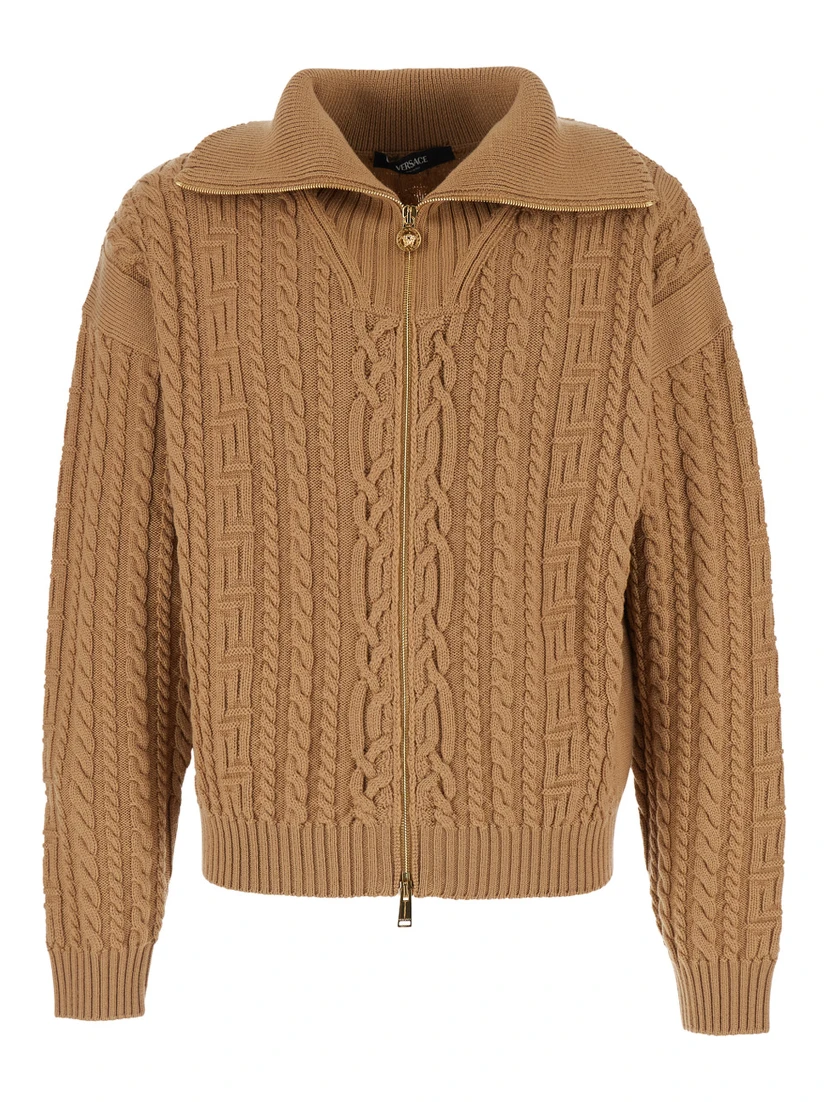 Beige Turtleneck Sweater with Zip Closure and Medusa Head Embroidered on the Back in Virgin Wool Man