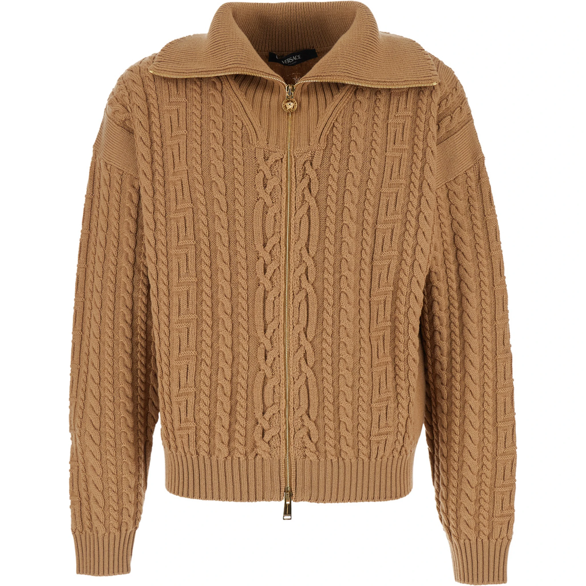 Beige Turtleneck Sweater with Zip Closure and Medusa Head Embroidered on the Back in Virgin Wool Man