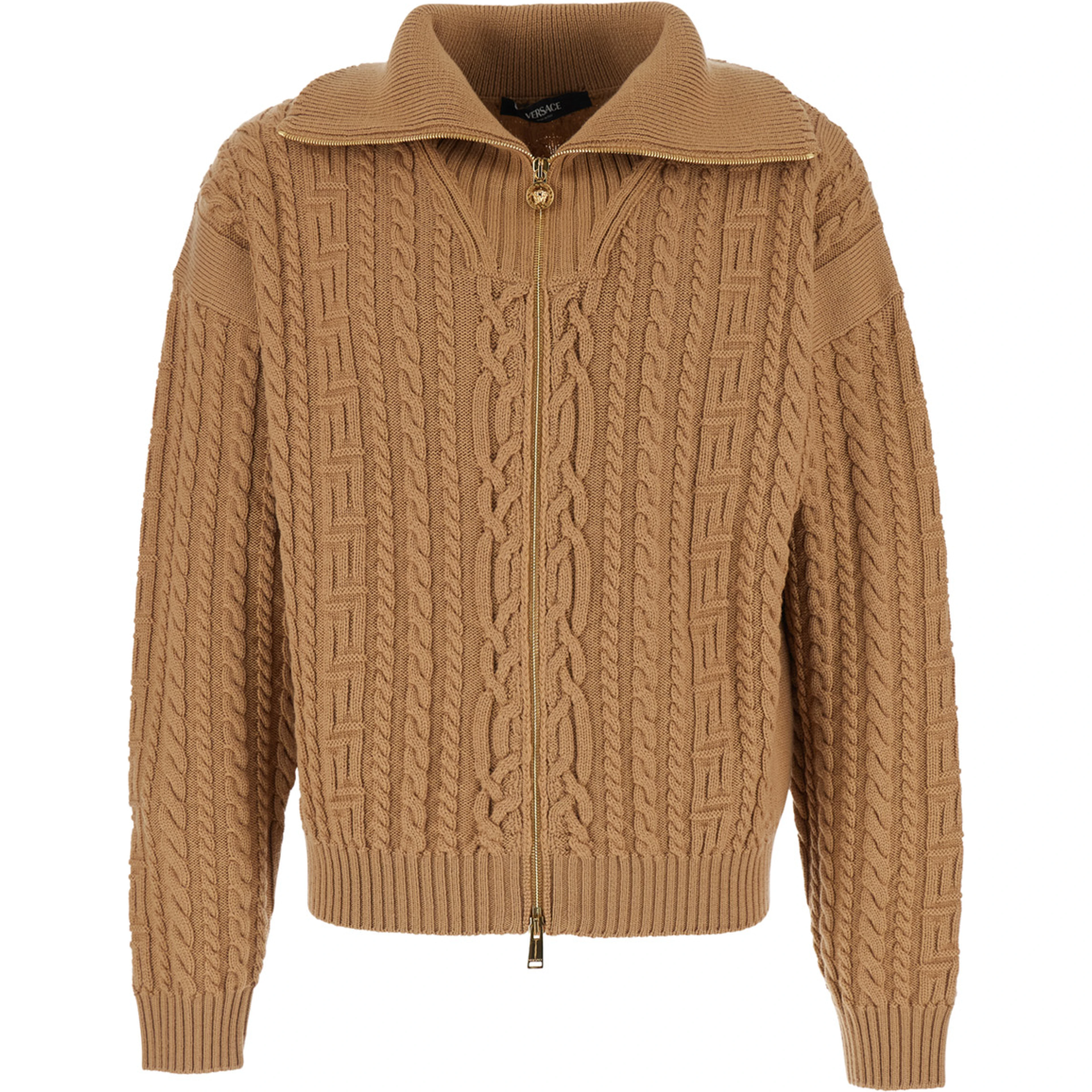 Beige Turtleneck Sweater with Zip Closure and Medusa Head Embroidered on the Back in Virgin Wool Man