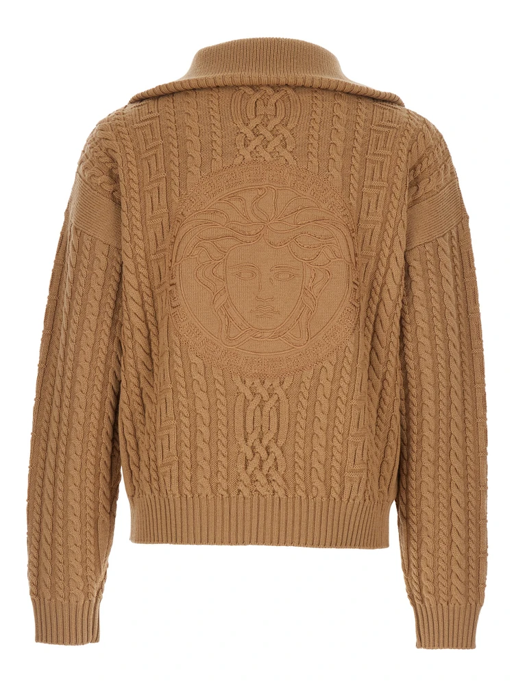 Beige Turtleneck Sweater with Zip Closure and Medusa Head Embroidered on the Back in Virgin Wool Man alternative