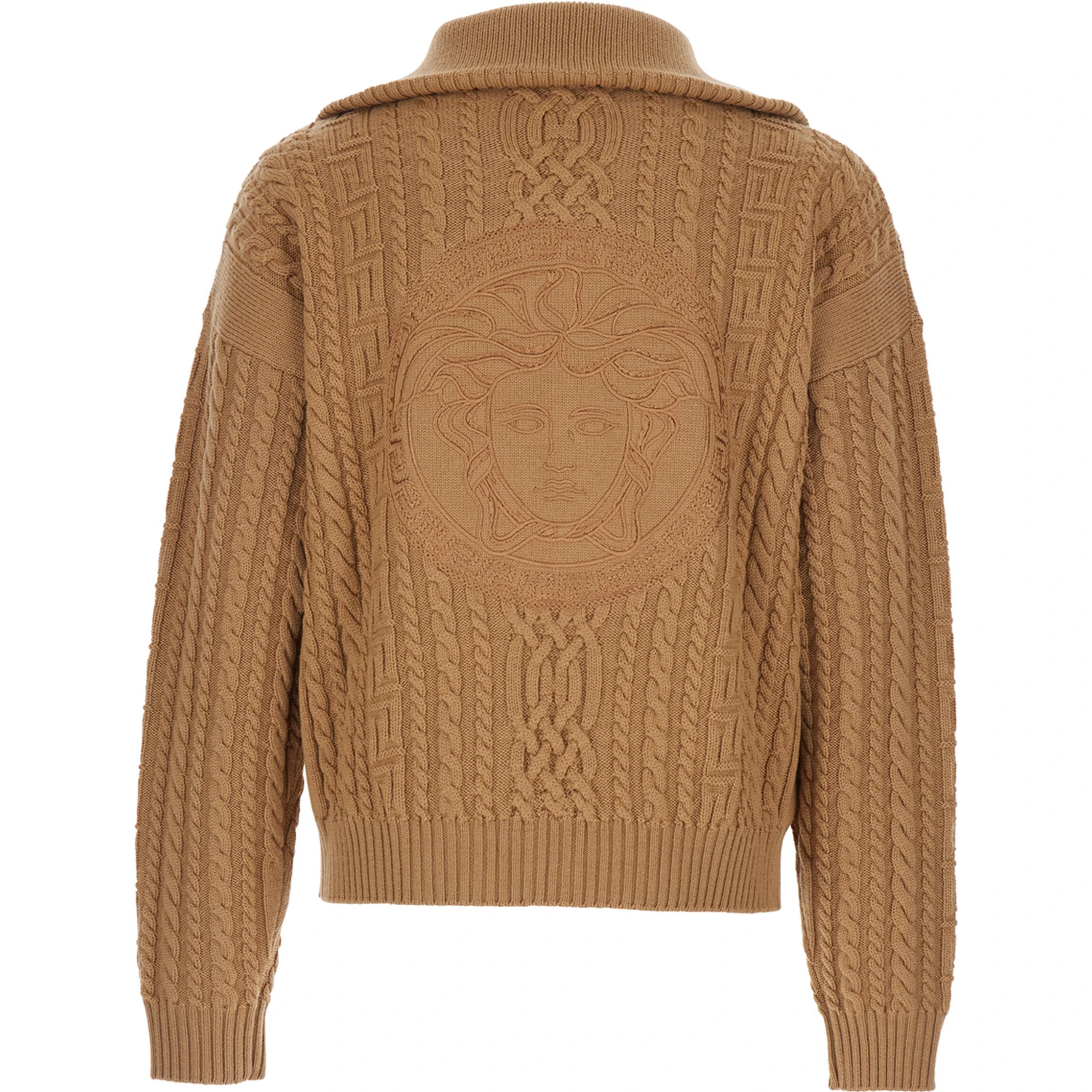 Beige Turtleneck Sweater with Zip Closure and Medusa Head Embroidered on the Back in Virgin Wool Man