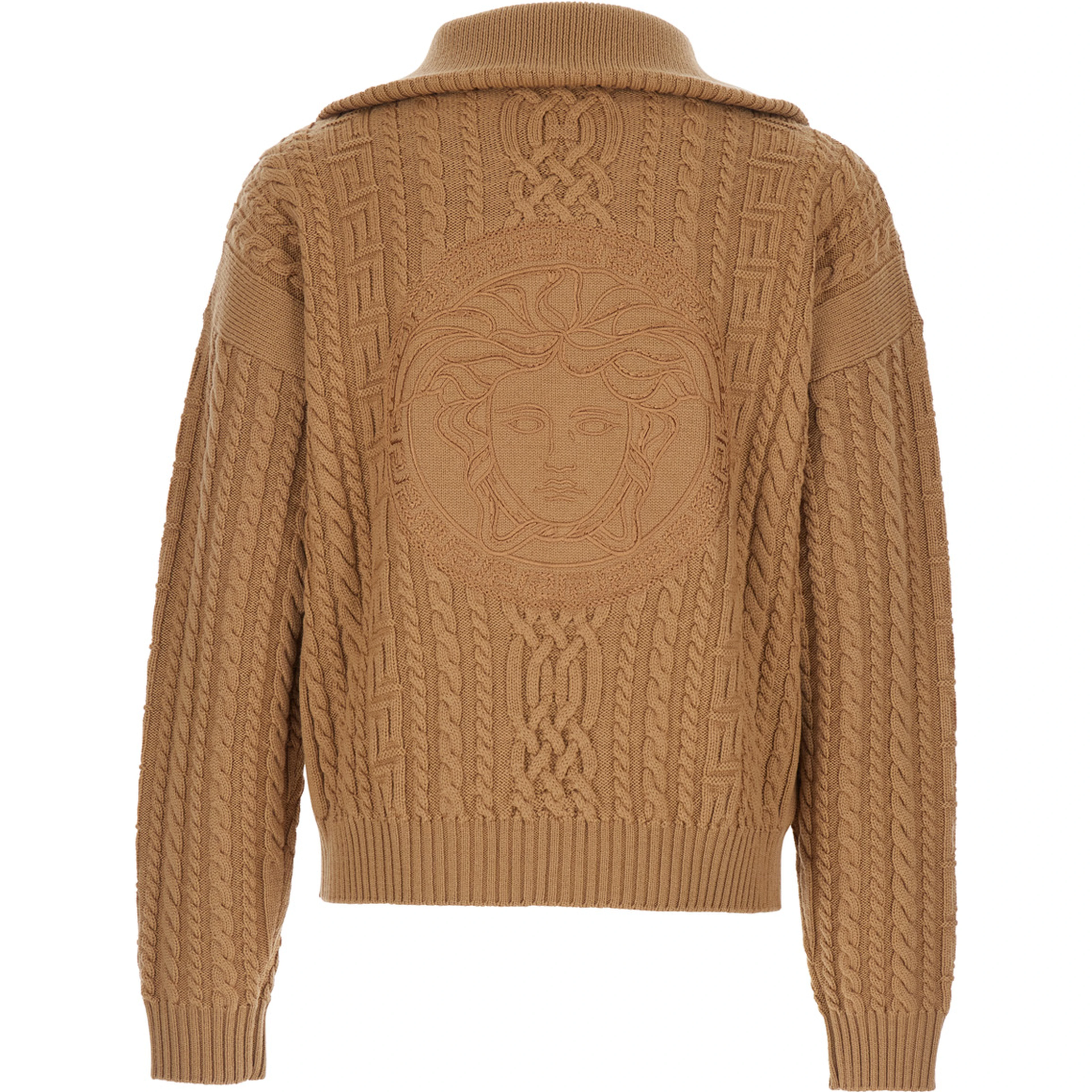 Beige Turtleneck Sweater with Zip Closure and Medusa Head Embroidered on the Back in Virgin Wool Man
