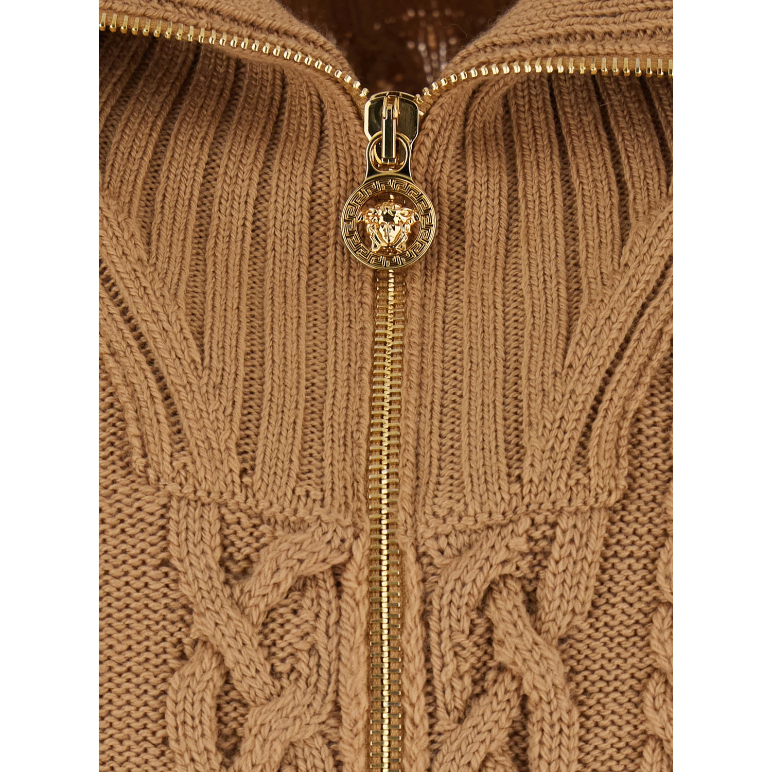 Beige Turtleneck Sweater with Zip Closure and Medusa Head Embroidered on the Back in Virgin Wool Man