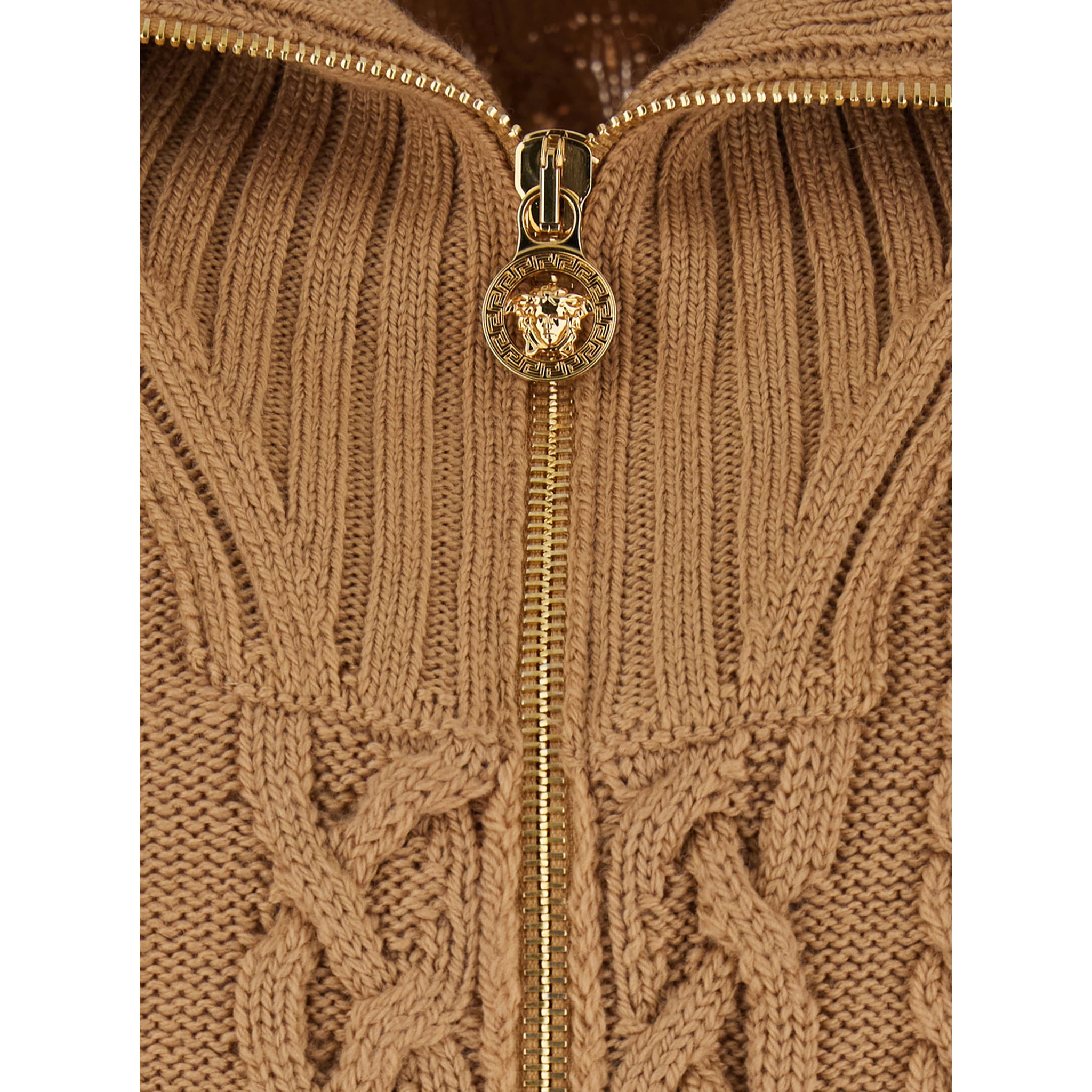 Beige Turtleneck Sweater with Zip Closure and Medusa Head Embroidered on the Back in Virgin Wool Man