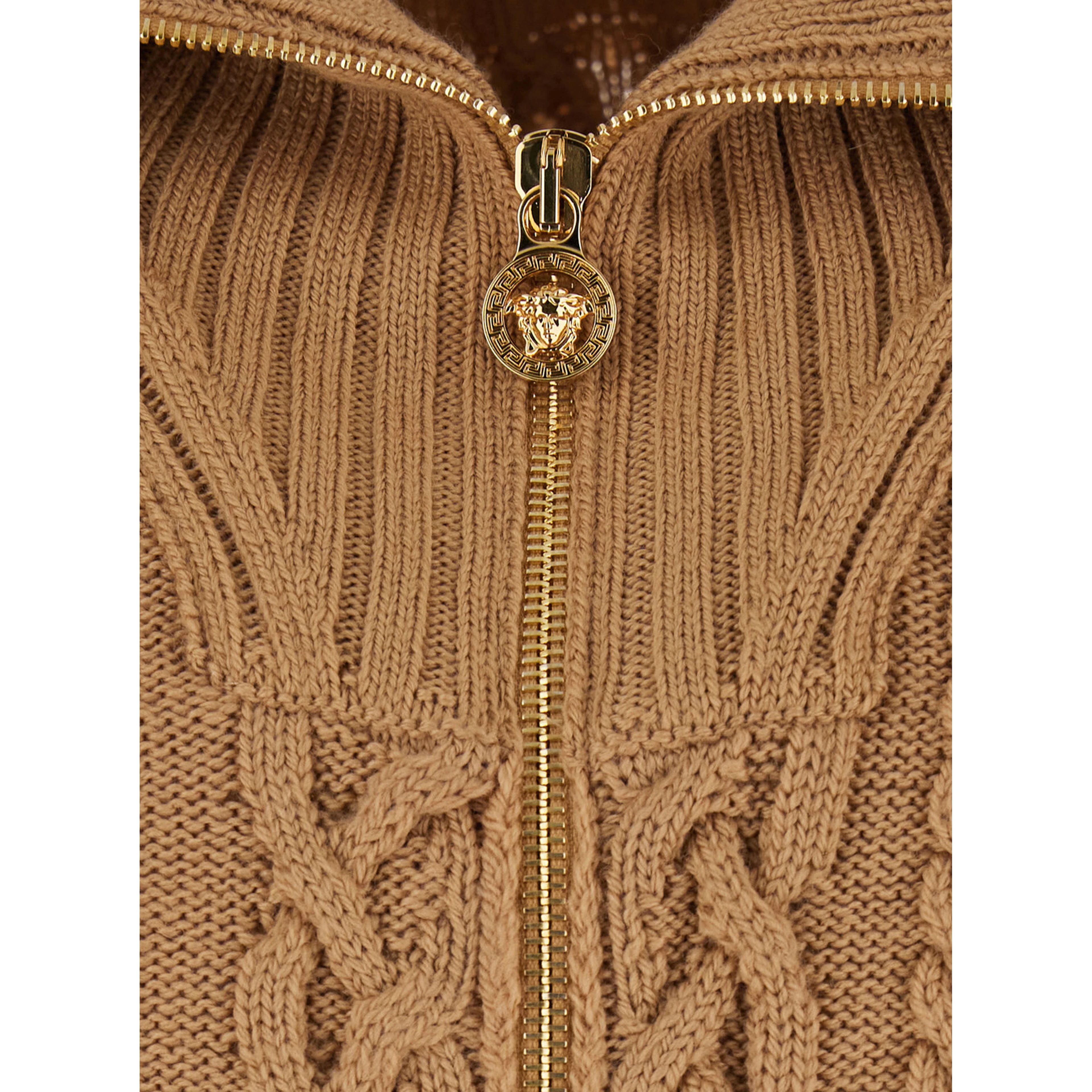 Beige Turtleneck Sweater with Zip Closure and Medusa Head Embroidered on the Back in Virgin Wool Man