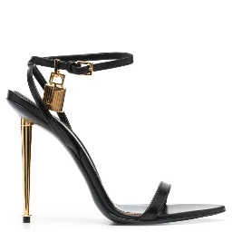 Black Sandals with Metal Heel and Padlock in Leather Woman