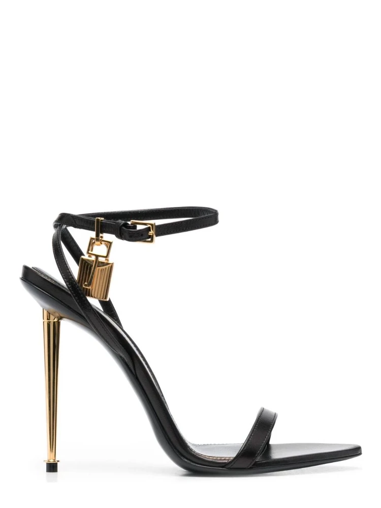 Black Sandals with Metal Heel and Padlock in Leather Woman