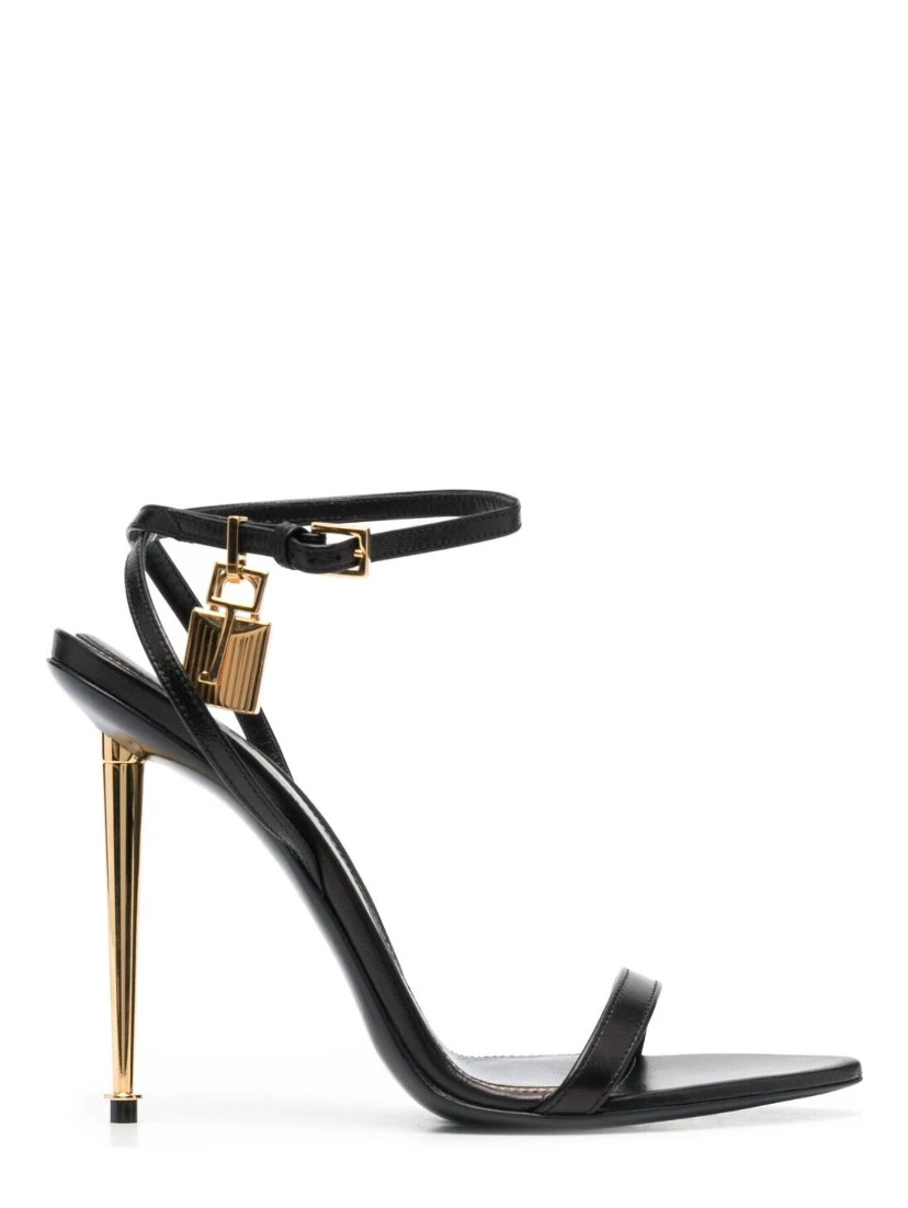 Black Sandals with Metal Heel and Padlock in Leather Woman