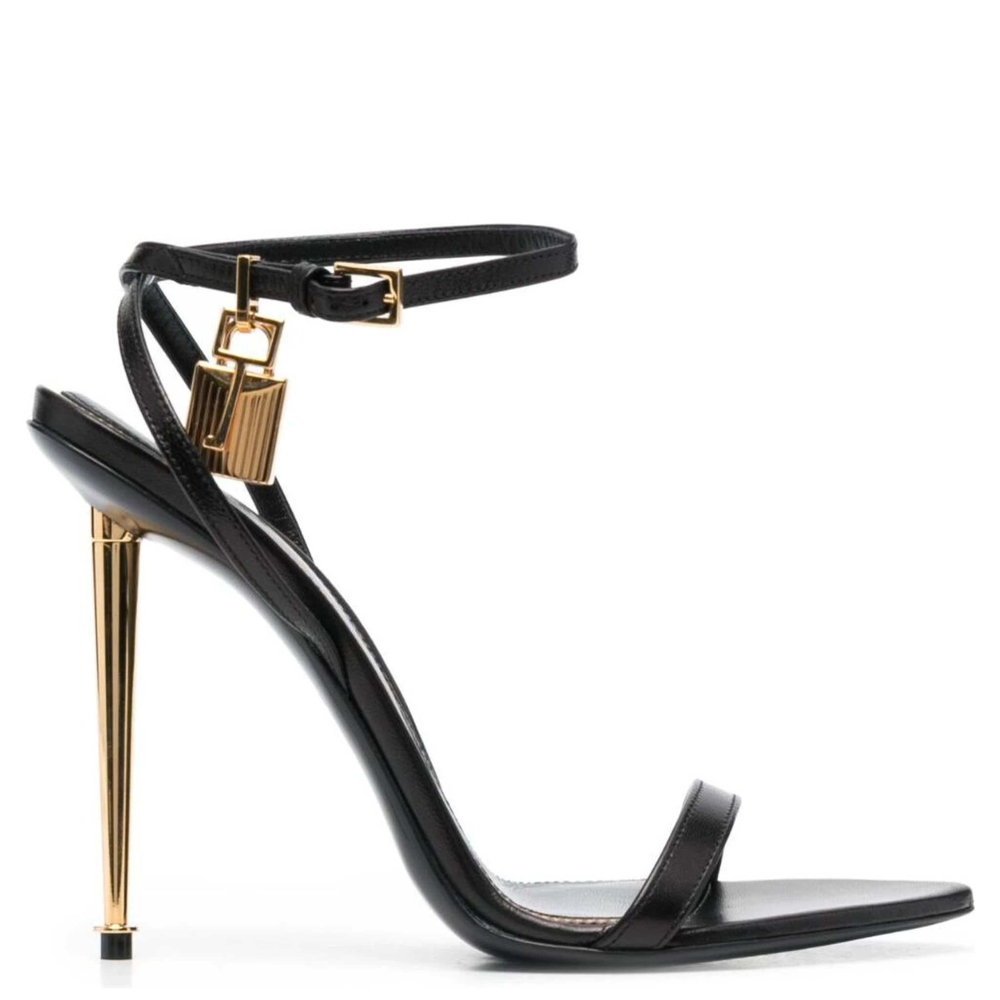 Black Sandals with Metal Heel and Padlock in Leather Woman