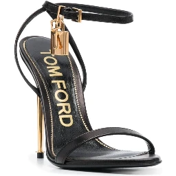 Black Sandals with Metal Heel and Padlock in Leather Woman