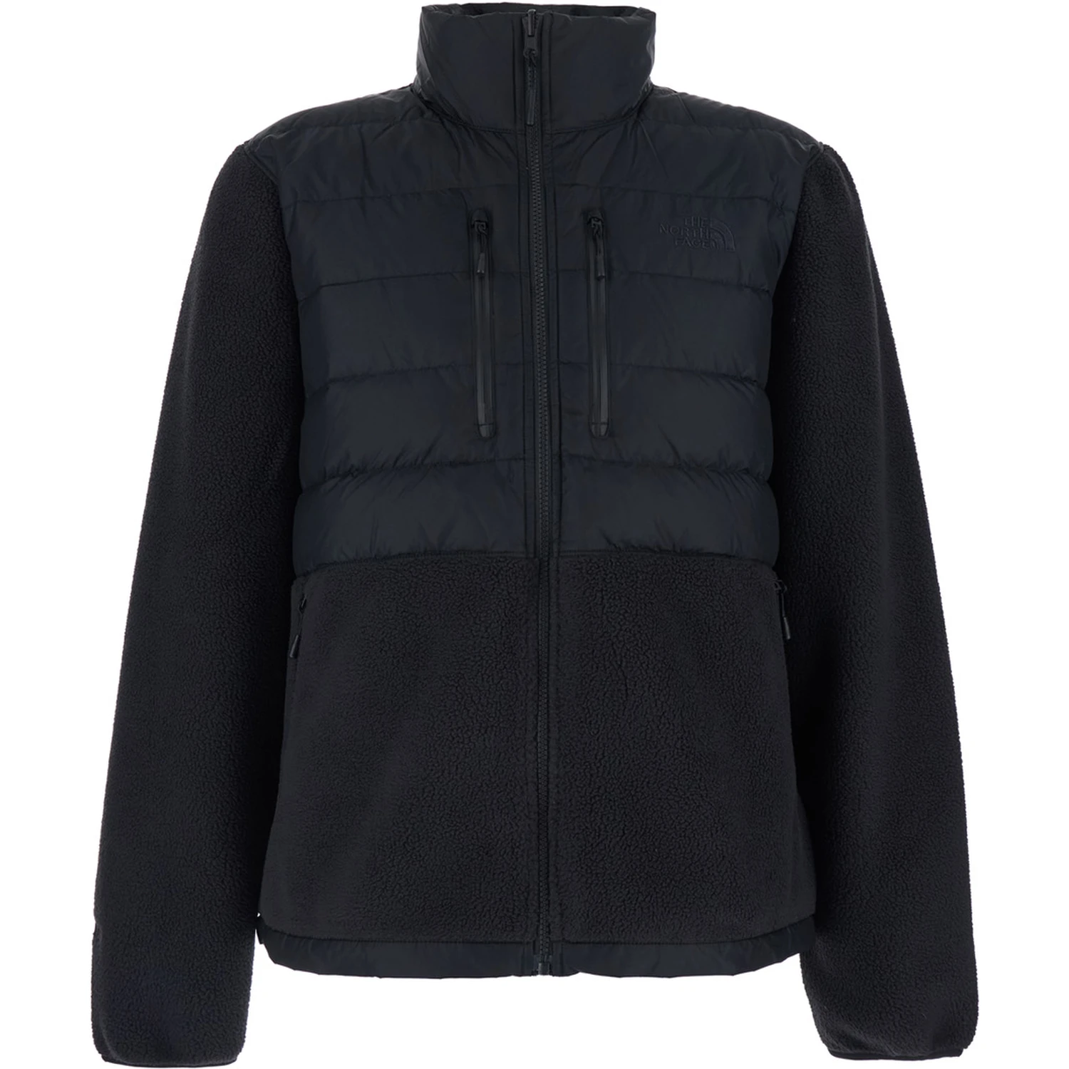 Black Down Jacket with High Neck and Tonal Logo Lettering on the Front in Tech Fabric Man