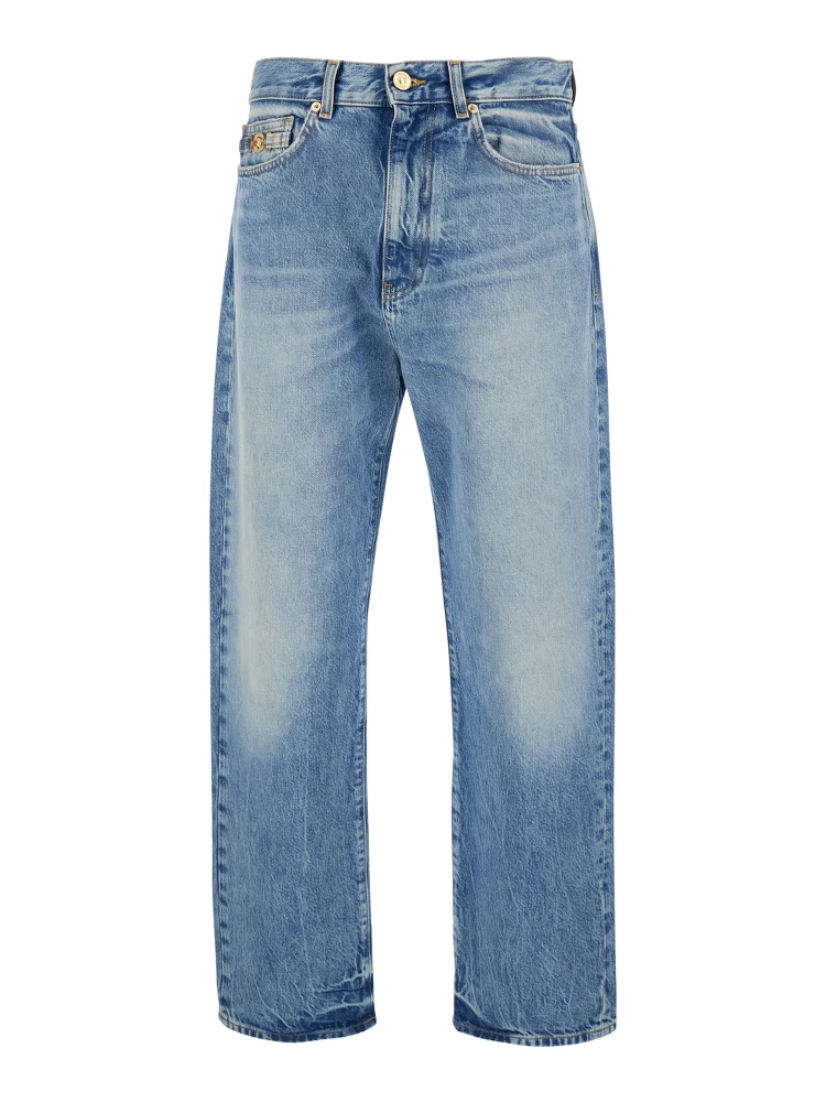Blue Jeans with Back Logo Patch and Faded Effect in Denim Man