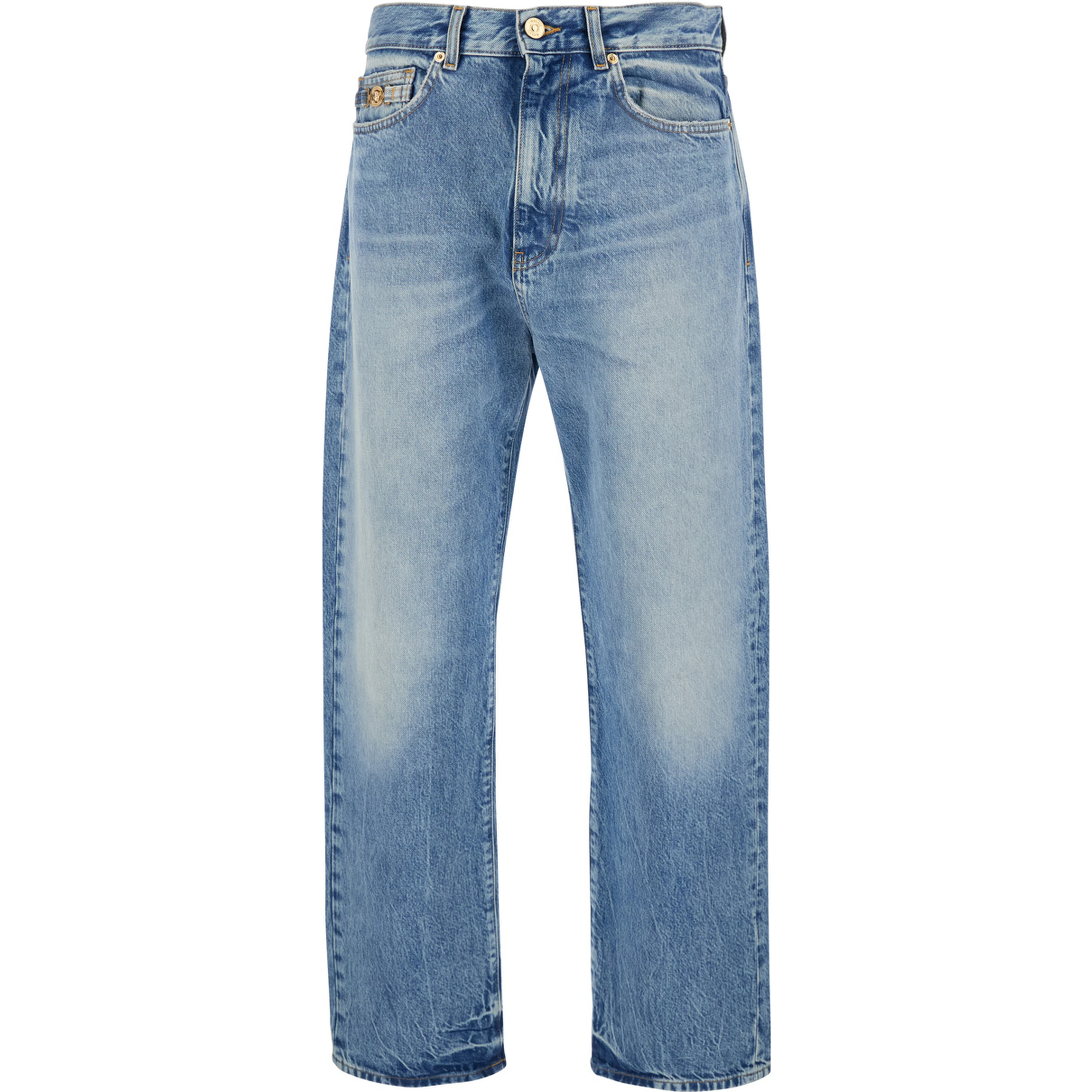Blue Jeans with Back Logo Patch and Faded Effect in Denim Man