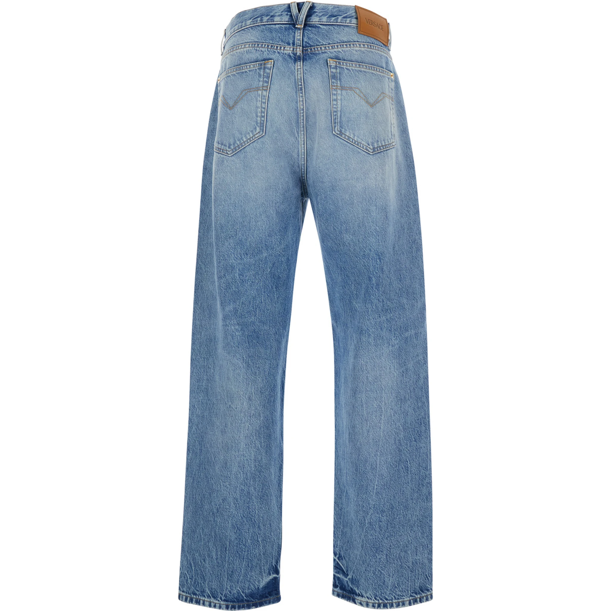 Blue Jeans with Back Logo Patch and Faded Effect in Denim Man