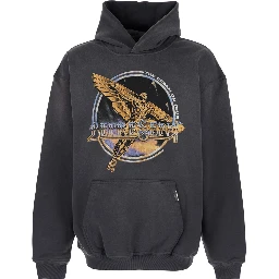 Black Hoodie with Graphic Print on Front and Back and Faded Effect in Cotton Man
