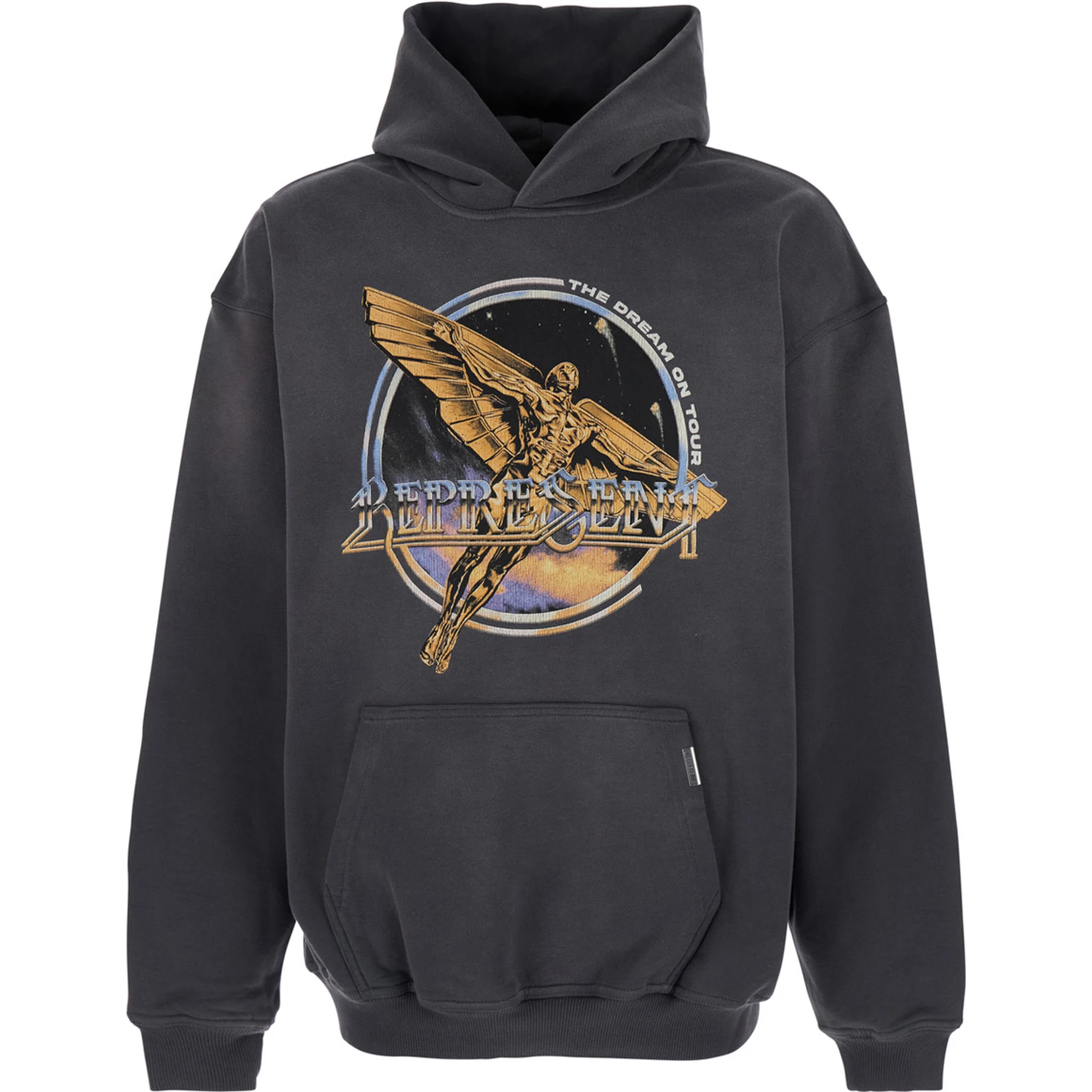 Black Hoodie with Graphic Print on Front and Back and Faded Effect in Cotton Man