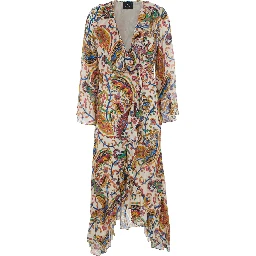 Multicolor Long Dress with V Neck and All-Over Paisley Motif in Silk Woman