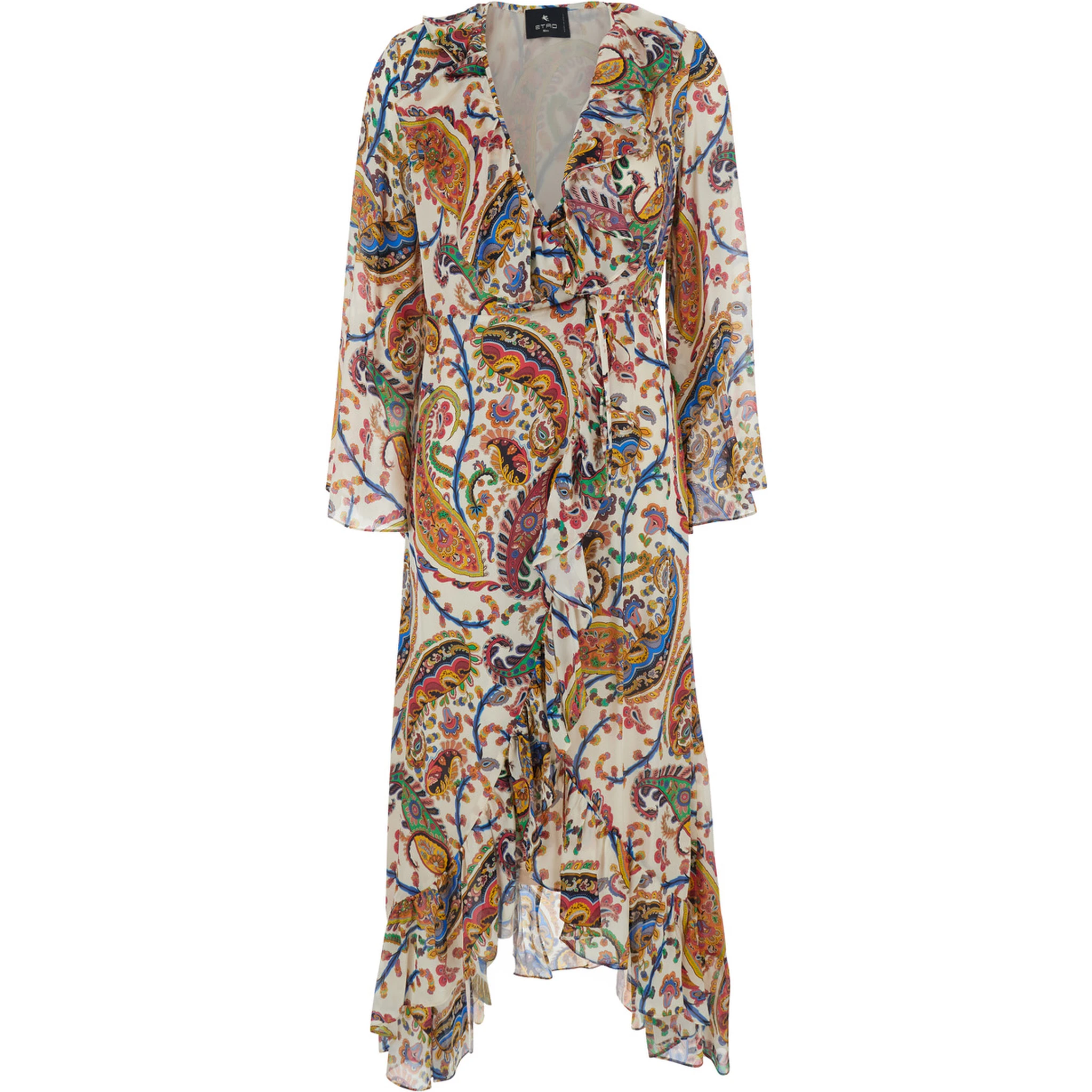 Multicolor Long Dress with V Neck and All-Over Paisley Motif in Silk Woman