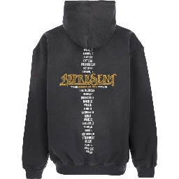 Black Hoodie with Graphic Print on Front and Back and Faded Effect in Cotton Man
