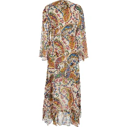 Multicolor Long Dress with V Neck and All-Over Paisley Motif in Silk Woman