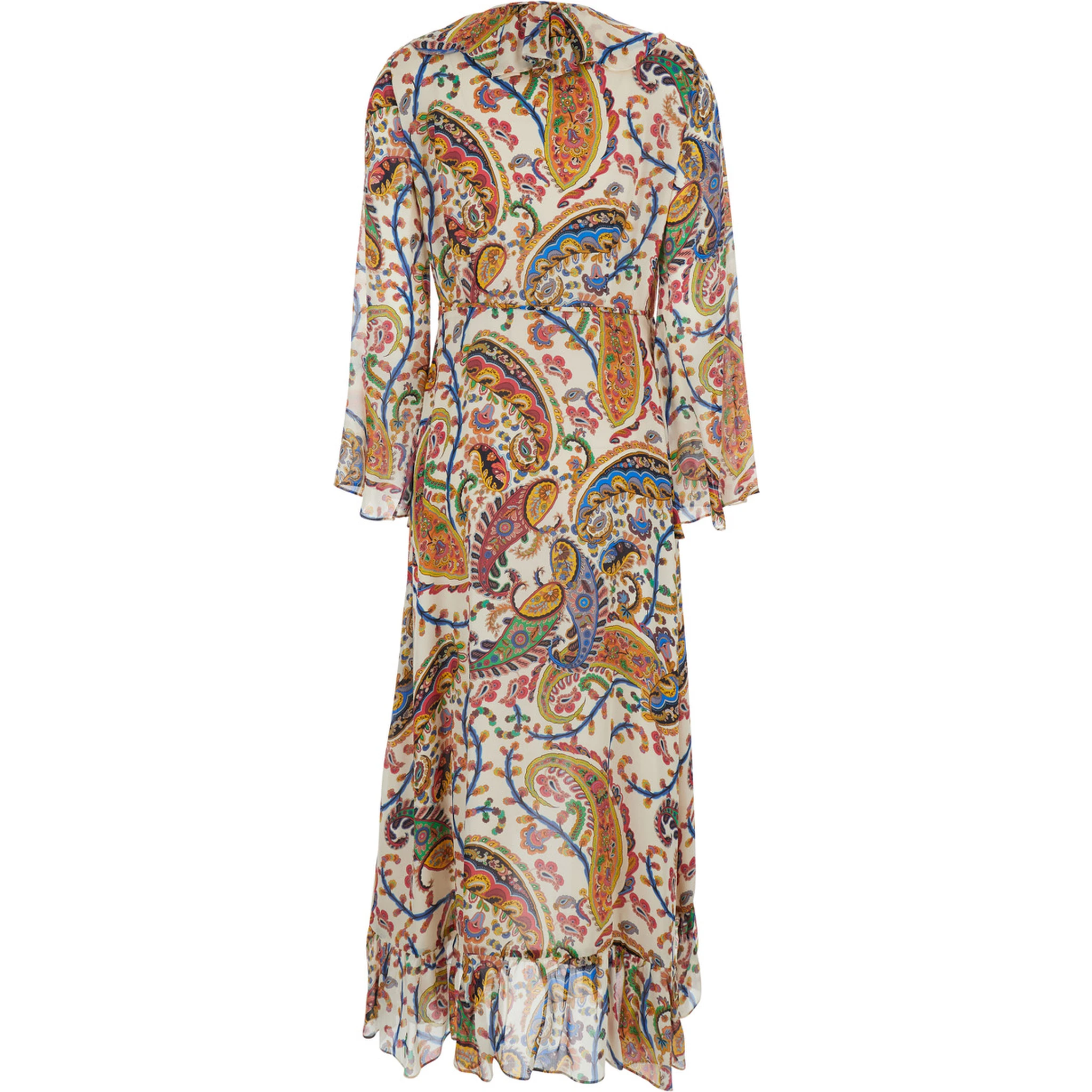Multicolor Long Dress with V Neck and All-Over Paisley Motif in Silk Woman