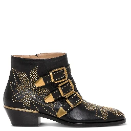 حذاء سوزان الأسود ذو الرقبة القصيرة مزين بالمسامير، مصنوع من الجلد، للنساء