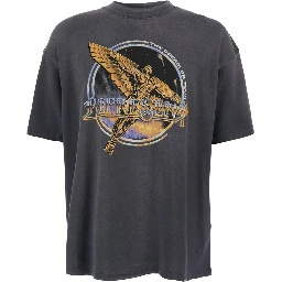 Black Crew Neck T-Shirt with Graphic Print on Front and Back and Faded Effect in Cotton Man