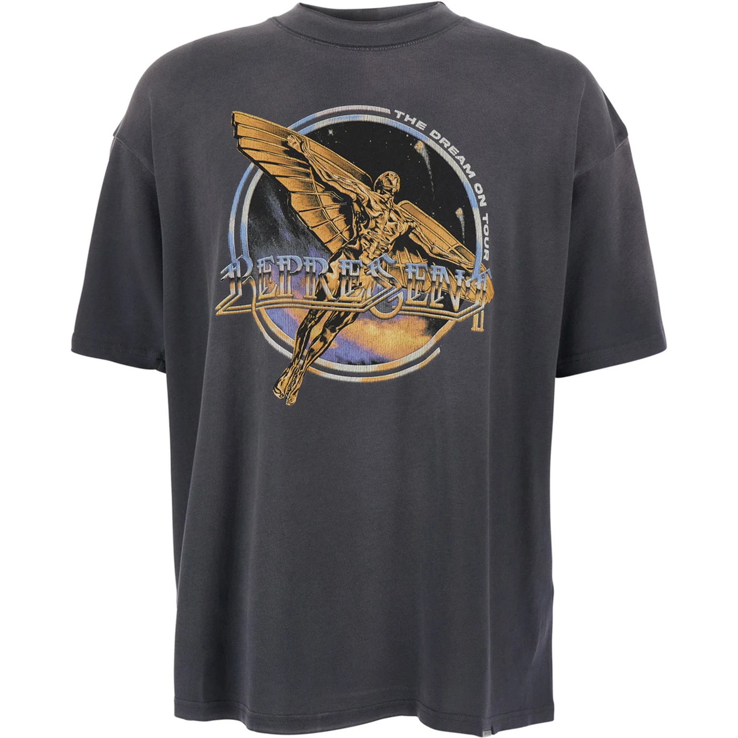 Black Crew Neck T-Shirt with Graphic Print on Front and Back and Faded Effect in Cotton Man