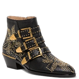 حذاء سوزان الأسود ذو الرقبة القصيرة مزين بالمسامير، مصنوع من الجلد، للنساء
