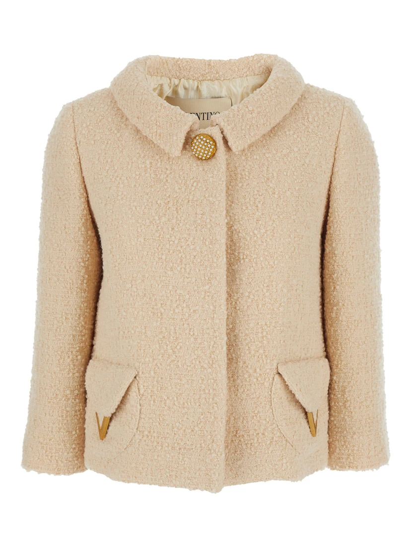 Beige Jacket with Classic Collar and VLogo Plaque on the Fornt in Wool Woman