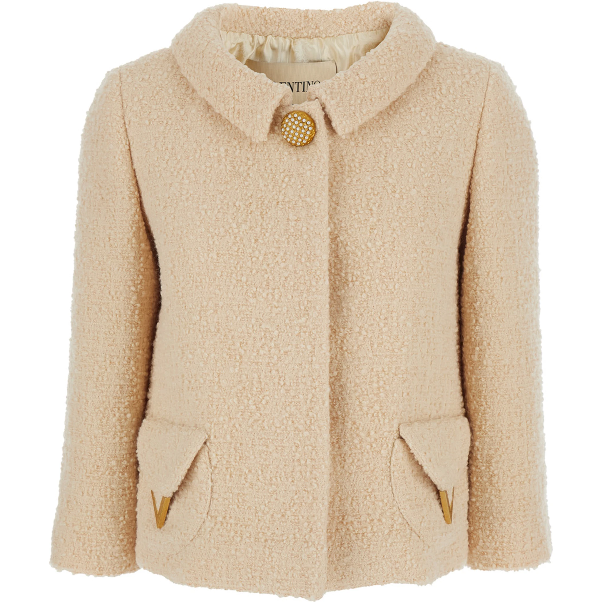 Beige Jacket with Classic Collar and VLogo Plaque on the Fornt in Wool Woman