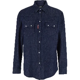Blue Shirt with Classic Collar and Two Front Patch Pockets with Buttons in Denim Man