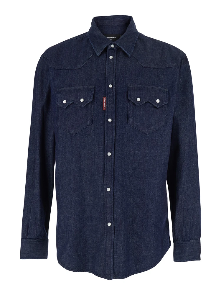 Blue Shirt with Classic Collar and Two Front Patch Pockets with Buttons in Denim Man