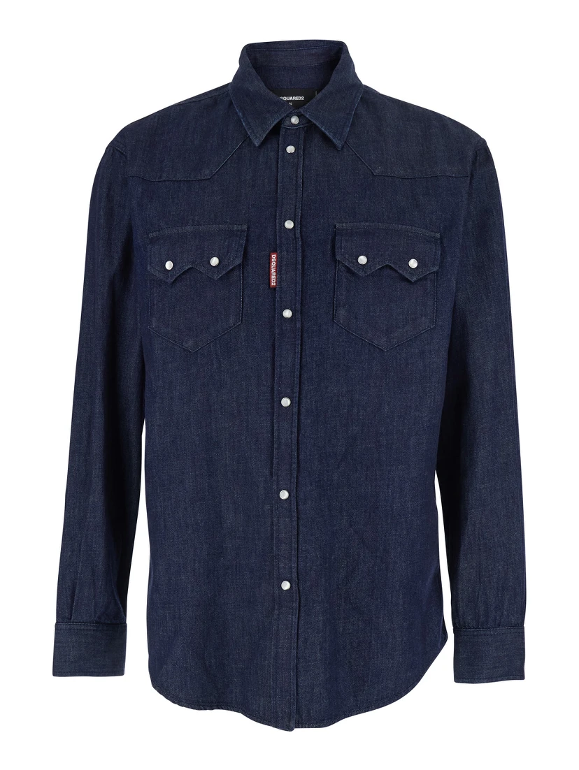 Blue Shirt with Classic Collar and Two Front Patch Pockets with Buttons in Denim Man